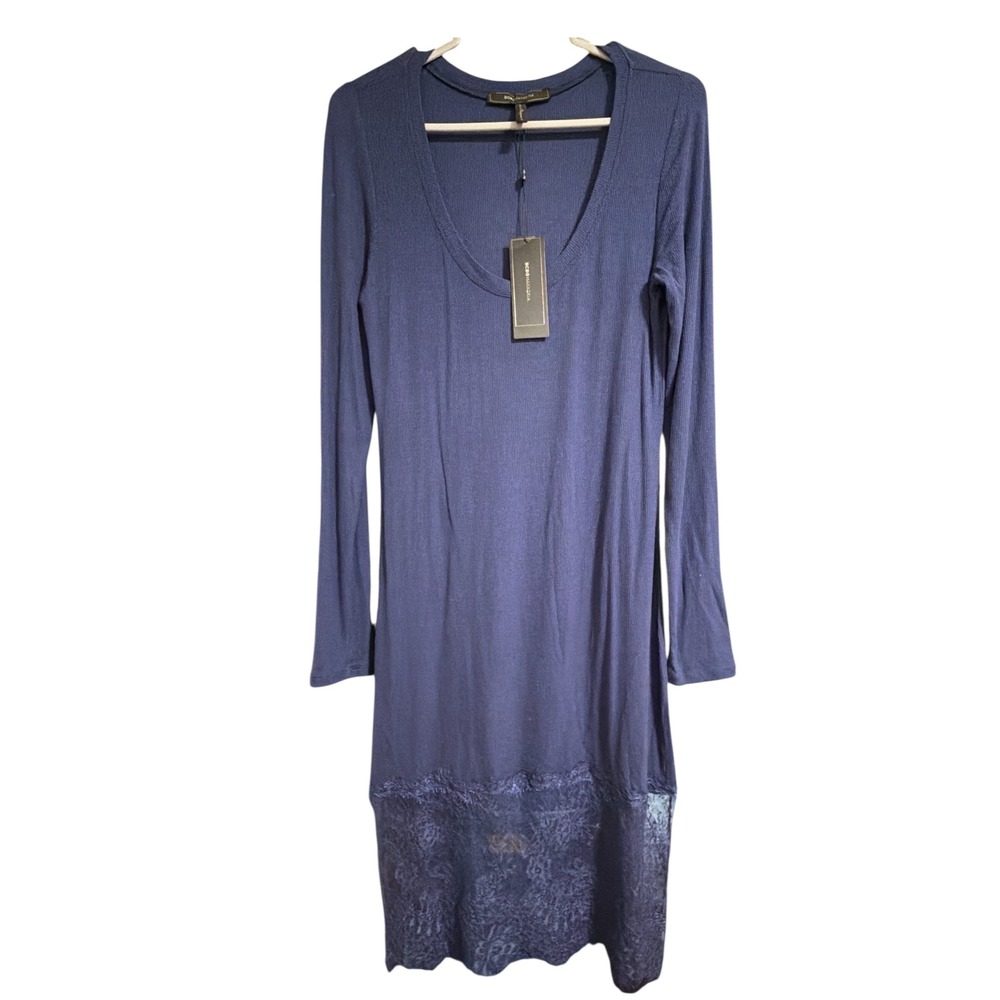 BCBGMAXAZRIA Womens Blue Long Sleeve Scoop Neck Knit Dress with Lace Hem - Picture 6 of 7